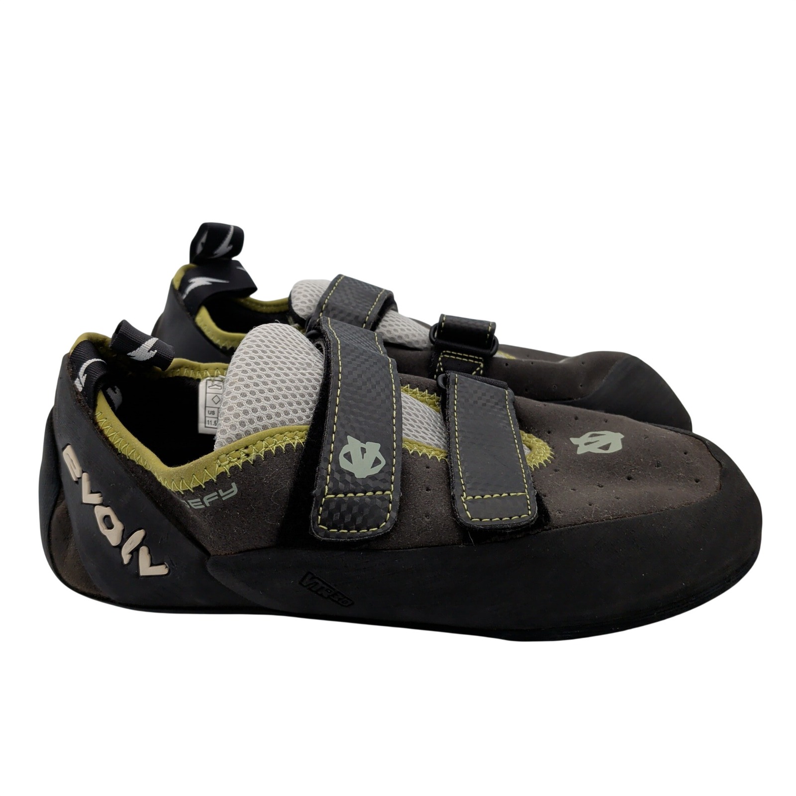 Evolv Defy Rock Climbing Shoes Mens 115 Charcoal Grey Lime Green Trax Rubber